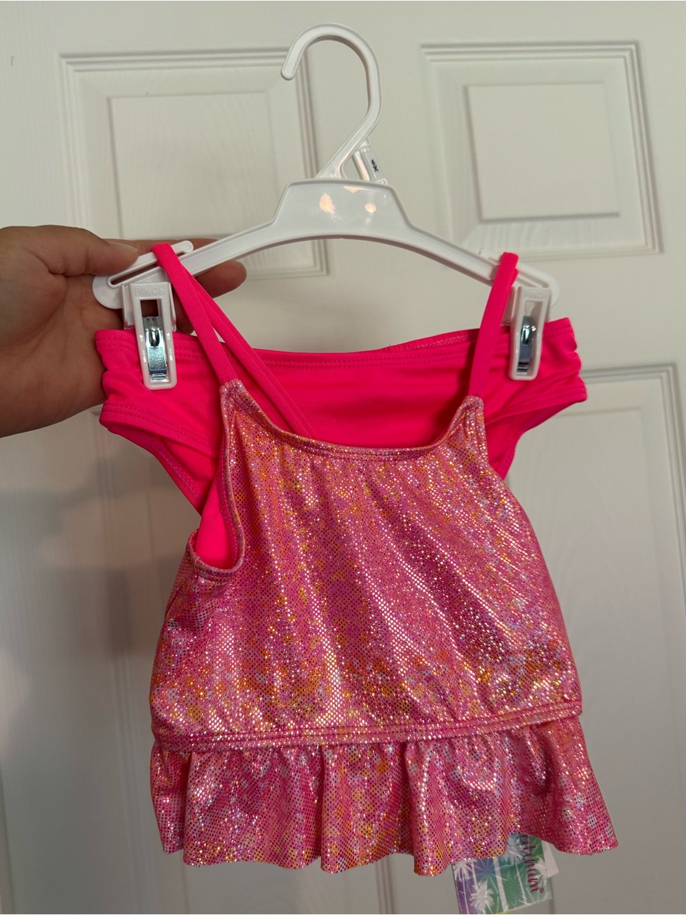Pink Platinum Hot Pink Glitter Peplum Girls Swim Top